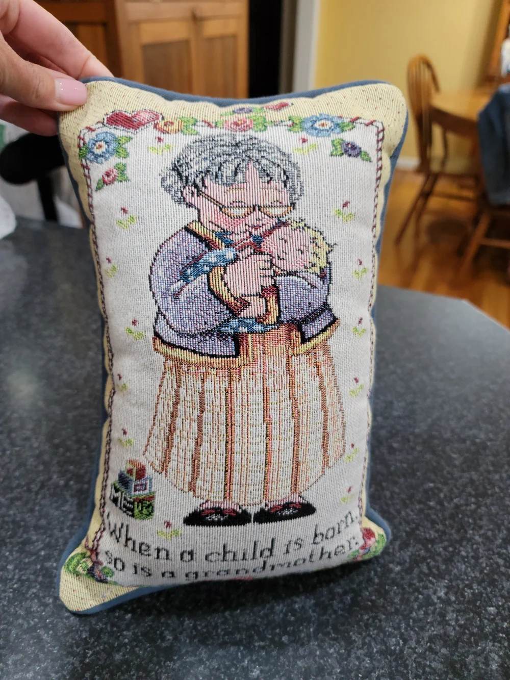 Vintage-Style Embroidered Grandmother Pillow - Cream & Blue